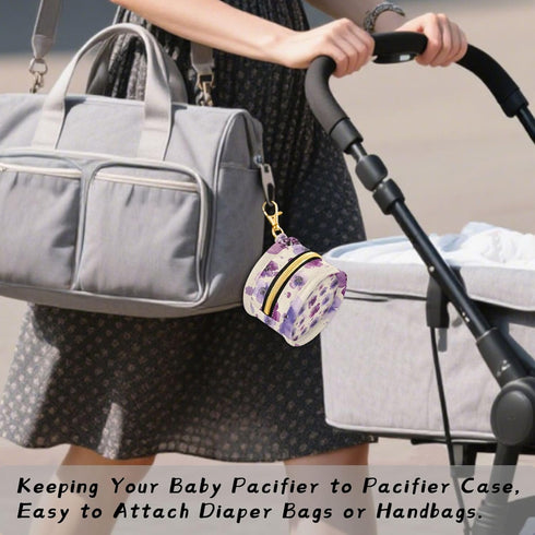 PYBUG Purple Flowers Round Pacifier Storage Case, Polyester & TPU Lined with Hook Buckle, Pacifier Container Box