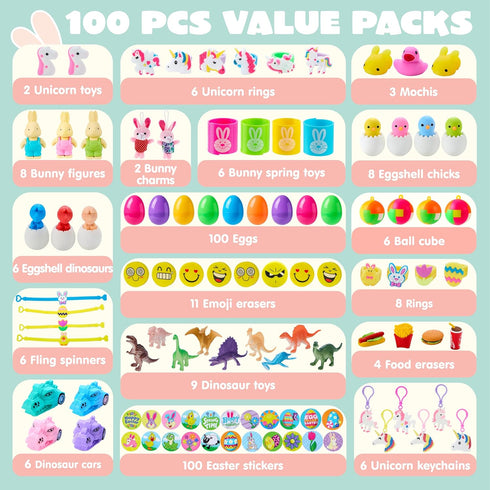 100 JOYIN Pcs Prefilled Easter Eggs with Toys Plus Stickers, Filled with Toys Party Favors for Kids Boys Girls Easter