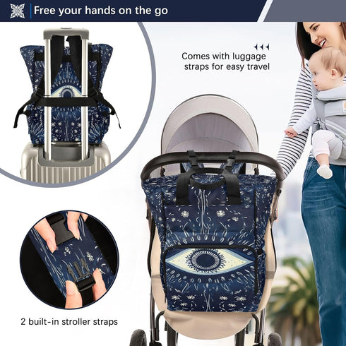 YANENDIE Backpack, Backpack Backpack Blue Evil Eye Diaper Bag Unisex Travel Baby Diaper Bags with Stroller Straps
