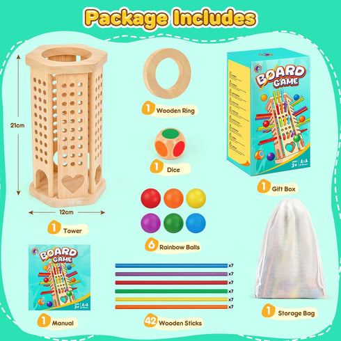 WhimsiPlay 42-Stick 3 4 5 6 Counting, Montessori Wooden Board Game, Dice Game, Math Puzzle Toy for Kids Years Old
