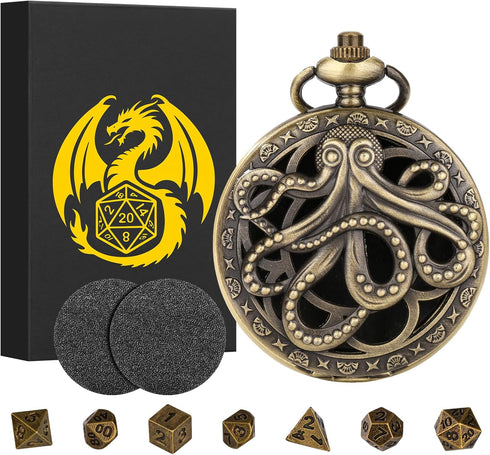 Mini DND Dice Set: 7pcs Polyhedral Metal D&D Dice with Steampunk Hollow Octopus Pocket Watch Shell Case