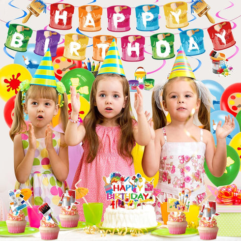 48 Pieces Art Birthday Party Supplies, Colorful Latex Balloons, Birthday Banner, Hanging Swirl Cake Cupcake Toppers for