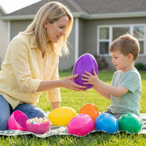 PNIOTAIN 12 6 Inch (Pure-12Pcs) Pcs Large Easter Eggs Fillable, Colorful Jumbo Plastic Empty Egg Stand Upright