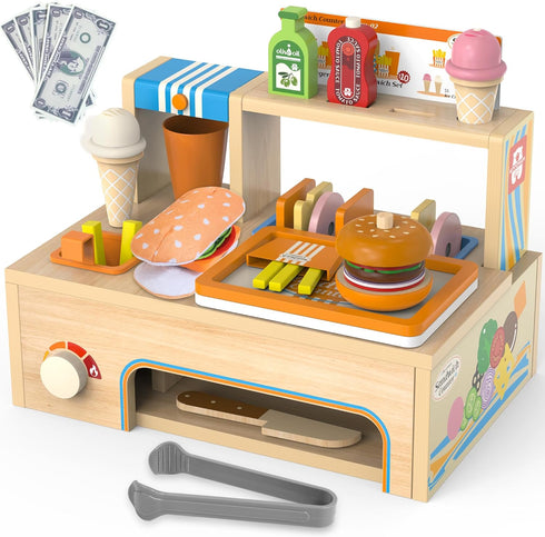 Sets Counter 56 3+ Foldable Wooden Play Food Sandwich with Storage, Pcs Pretend Play Kitchen Food Toy, Burger, Ice
