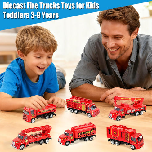 6 Pack 3-5, Playset 3-9 QUANA Diecast Fire Truck Goodie Bag Stuffers, Mini Firetruck Toys for Toddlers City Fire Trucks