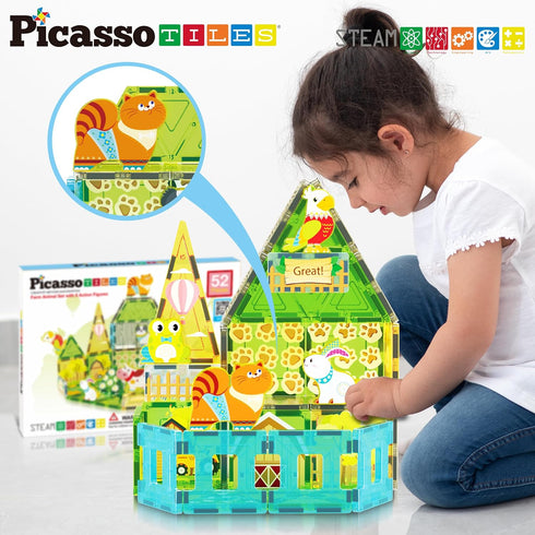 PicassoTiles 8 Character Farm Animal Toy Set with Magnetic Tiles, STEM Learning Kit for Kids Age 3+ PTQ17