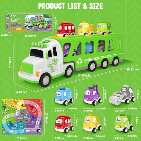 7-in-1 2 3 4 5 17" 6 2-5 Toddler Truck Toys for Year Old Boys - Longer Transport Eco Truck with Cute Pull Back Cars