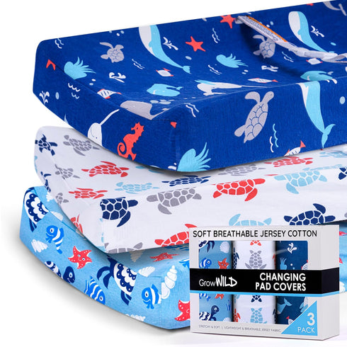 GROW WILD 3 Pack Changing Pad Cover | Soft & Stretchy Jersey Cotton | Diaper Changing Pad Covers for Boys and Girls
