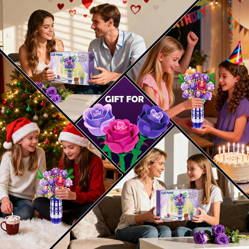 Set 17 CUBIMANA Purple Roses Flowers Building with Vase & LED Light, Mini Flowers Bouquet Building Blocks Toy