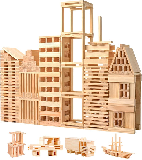 Wooden Building Blocks Set - 200-Piece Plank Block Construction Toys, STEM Educational
