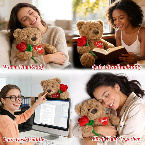 15" Cuckool Teddy Bear Stuffed Animal with Rose and Love Heart, Microwavable & Weighted Stuffed Animal Plush Gift