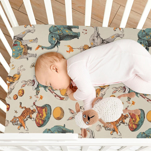 Pigsaly 27x39 Inch Crib Sheets Elephants Rabbits Tiger Vintage Circus Baby Sheet for Standard Crib Mattress Boys Girls