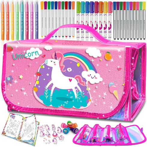 weirtoya 56 PCS Washable Scented Markers with Glitter Pencil Case, Mermaid Unicorn
