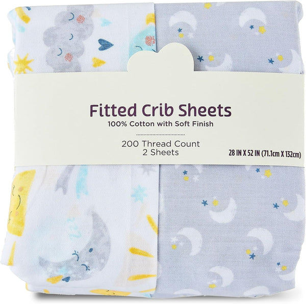 Generic 2-Piece 100% Cotton Fitted Crib Sheets for Baby Star & Moon Print,