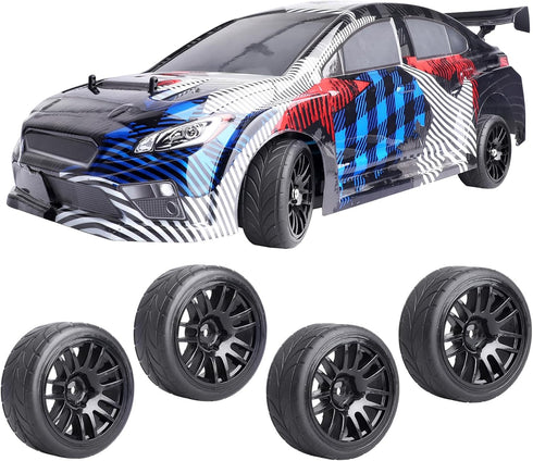 Preglued 1/10 On Road Wheels and Tires, 12mm Hex Rubber Flat Racing Tires for Traxxas and Tamiya (4PCS)