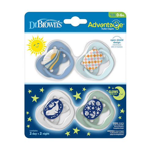 Symmetrical Bulb, 0-6m, 4 Pack Dr. Brown's Advantage Glow-in-The-Dark Baby Pacifier, Fully Soother with Soft Silicone