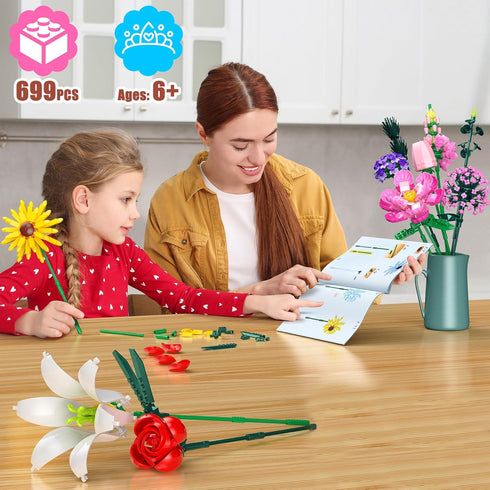 Set, 699 Flowers Bouquet Building Flower Botanical Collection Building Toys, Home & Office Creative Decoration