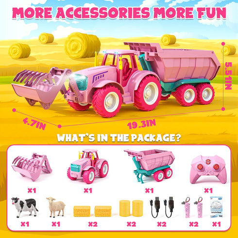 2.4GHz 3 4 5 6 7+ Funwee RC Farm Tractor Toy w/Light & Music, Kid Truck Toy w/Front Loader & Farm Animal, RC Tractor
