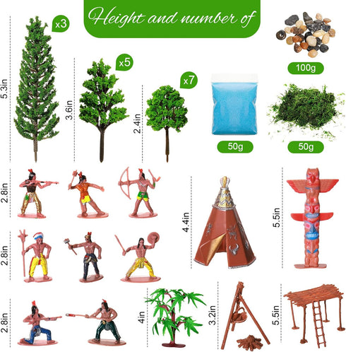 28 Pcs Native American Indians Figures Set - Cowboys Historical Diorama Materials Kit with Mixed Model Trees and Green