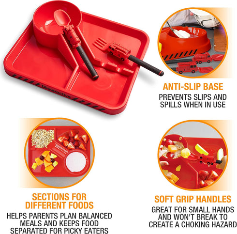 Dinneractive 3PC Dining Set for Kids - Red Firefighter Dinnerware - Fire Truck Utensils - Toddler Plates - Baby Dishes