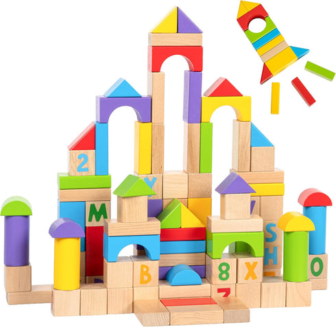 MOMOARI Alphabet Number Wooden Building Blocks Set -100 Blocks in 5 Water Paint