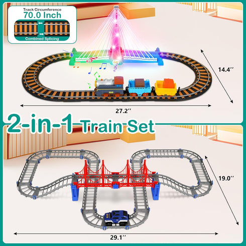 Vunrahsg Set 4-8 Set Playset 4 5 6 7 8+ Electric Train for Kids Ages with Train Tracks & Car Tracks Lights Up Bridge