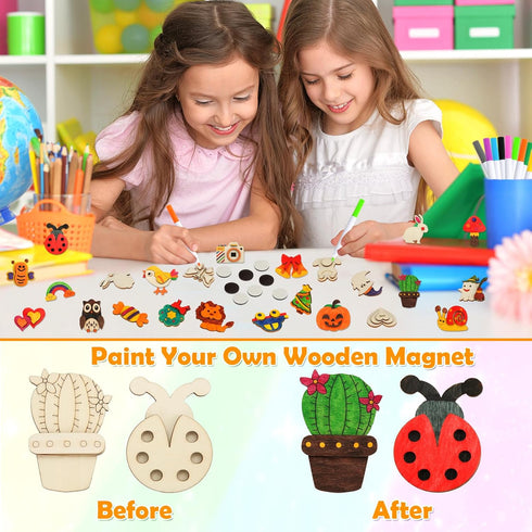 Worgree 48 Pcs DIY Wooden Magnets | Painting Kit for Kids Ages 4-12 | Glow in The Dark Party Favors and Gifts