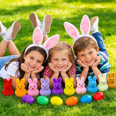 24 Pack Prefilled Easter Eggs with Bunny Mochi Squishy Toys, Filled Easter Eggs for Kids, Easter Basket Stuffers