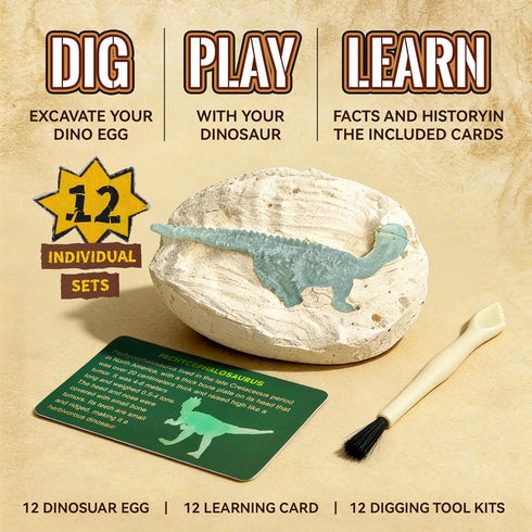 VICHTOP 12Pack 3 4 5 6 7 8 Dinosaur Egg Excavation Dig Kit for Kids - Easter Basket Stuffers, Glow in The Dark Dino