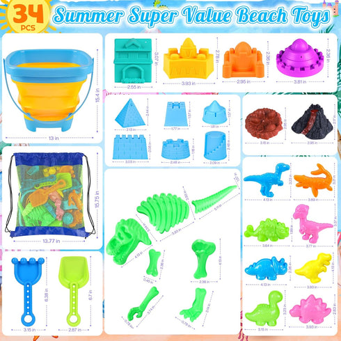 34Pcs Set 2 3-12 Beach Toys, Dinosaur Sand Toys for Kids Toddlers, Sandbox Toys with Collapsible Beach Bucket, Mesh