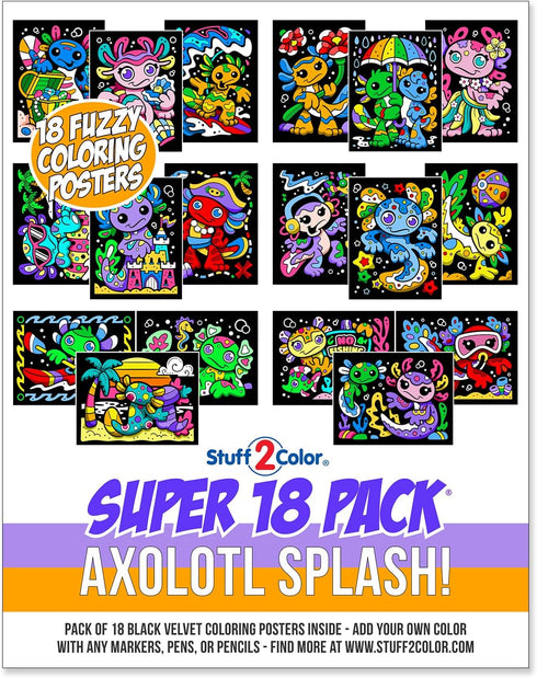 Stuff2Color Pack 18 Axolotl Splash! Fuzzy Velvet Coloring Posters Super of Cute Axolotl & Ocean Animal Coloring Pages