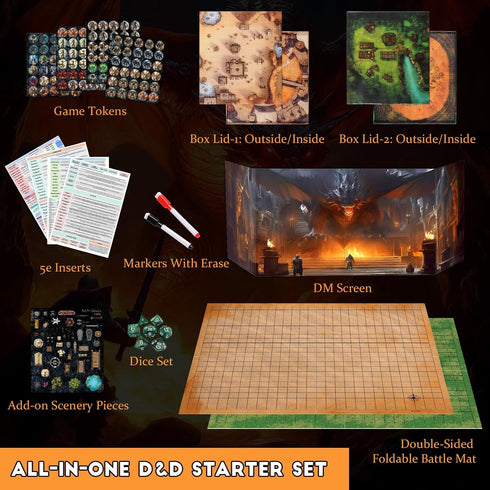 Set 2-Sided Set, CZYY Foldable Battle Mat with DM Screen, Game Tokens, Dice - Wet & Dry Erase Terrain, Ultimate DND