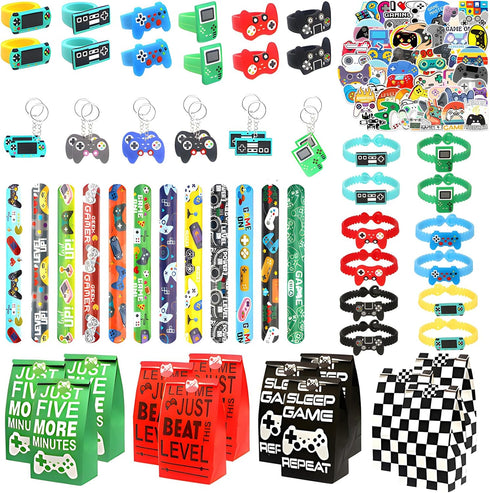 110 Pcs Video Game Party Favors, 12 Sets of Gaming Birthday Goodie Bags with Keychain, Slap Bracelet, Stickers