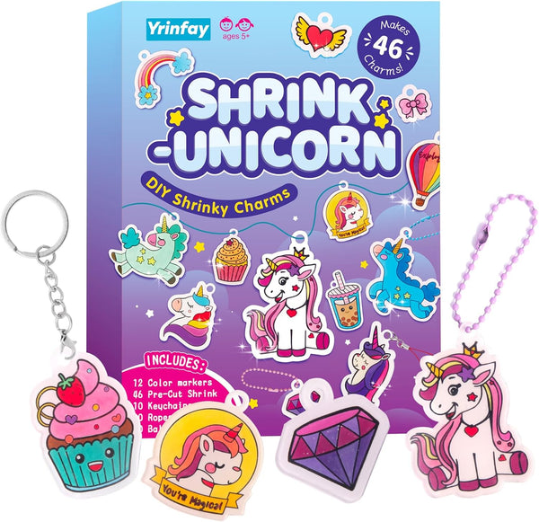Yrinfay 89PC DIY Unicorn Shrinking Plastic Art Kit - 46 Pre-Cut Shapes, 12