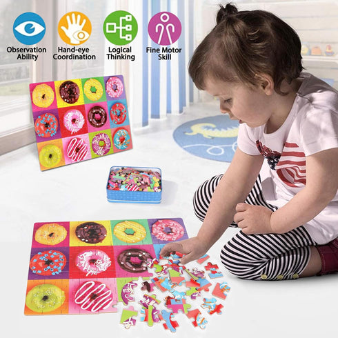 LELEMON Donut Puzzle for Kids Ages 4-8, 100 Piece Jigsaw Puzzles in Metal Box, Educational Fun for Girls and Boys