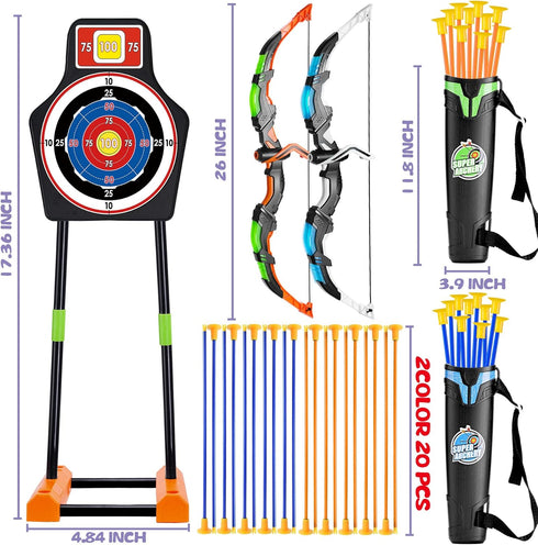 2 Pack Bow and Arrow Set with Moving Standing Target, 20 Suction Cup Arrows in 2 Colors, Light Up Archery Toys for Kids