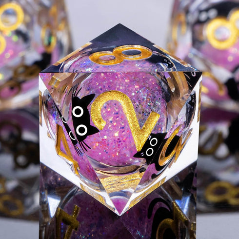 Set 7Pcs D20 D12 D10 D8 D6 D4, Roycevon Resin DND Dice with Gift Box, Liquid Core Cat D&D Dice, Cute Dungeons Dragons D