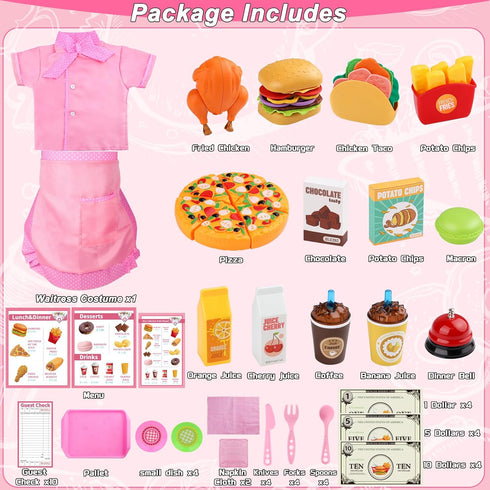 Playsets Set 60 Playset Playset Playset 3+ Restaurant for Kids - Waitress Role Play Costume for Girls, Pieces Food