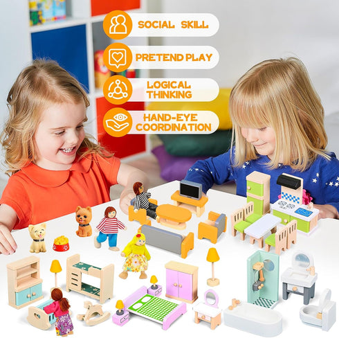 36PCS Set 4 5 3 4 5 6, HAPGFS Wooden Dollhouse Furniture with Flexible Family Dolls - Room Realistic Doll House