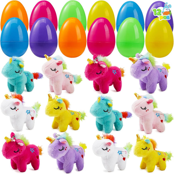 JOYIN 12 Pcs Filled Easter Eggs with Plush Unicorn, Bright Colorful Eggs