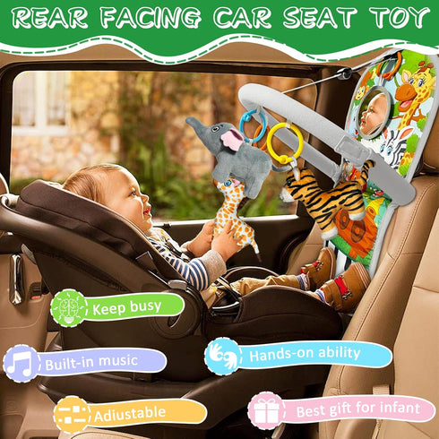 Car Seat Toys for Baby 6 to 12 Months, Musical Pedal Piano, Baby Travel Toys with Mirror and Squeaky Animal Toys
