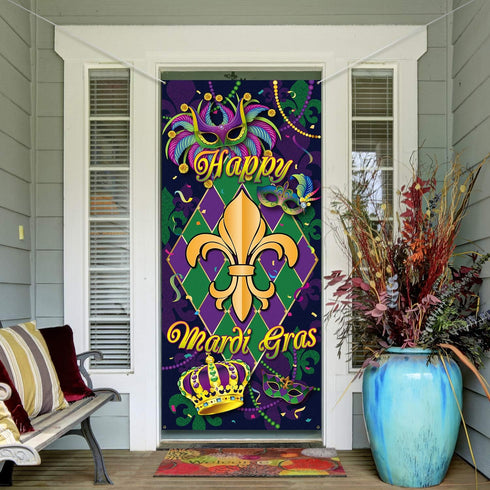 Blulu Mardi Gras Door Cover, New Orleans Carnival Decorative Hanging Welcome Banner Flag for Party