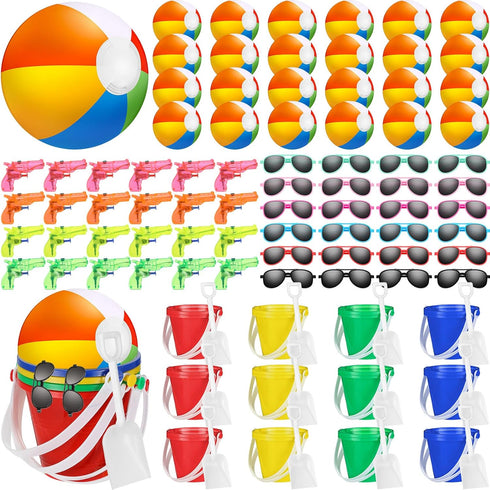 Threan 60 Pcs Pool Beach Party Favors, Beach Balls, Sand Buckets, Shovels, Sunglasses, Water Guns for Kids