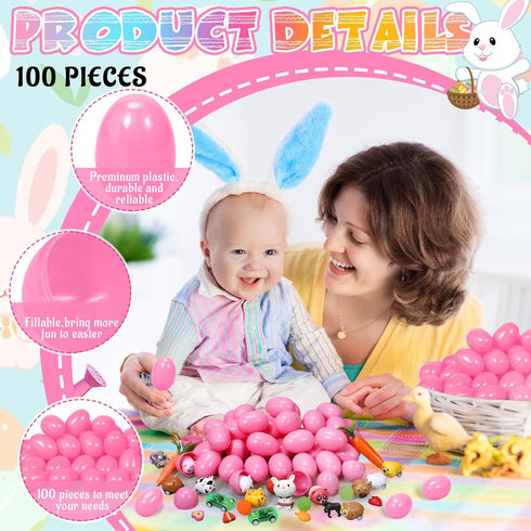 100 Deekin Pcs Plastic Easter Eggs Fillable Empty Colorful Bright Eggshells for Easter Hunt, Filling Treats, Party