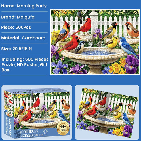 500 500 20.5 15 Pieces Puzzle for Adults,Birds Bath Flower Fence Puzzle,Recycled Cardboard Animals Jigsaw Puzzle