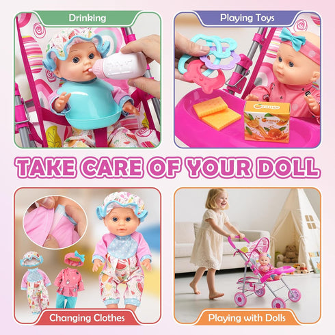Set 12.5" Backpack 21 2 Sets Set Baby Doll Stroller with Doll, Baby Dining Table, with Carrier, PCS Baby Doll
