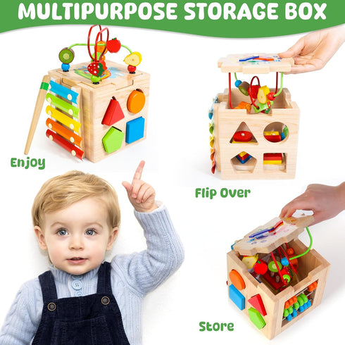 8-in-1 1 2 12-18 1st Batlofty Wooden Activity Cube, Montessori Toys for Year Old Girl Boy Toddler| Sensory Educational