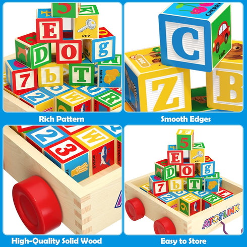 Atoylink ABC Wooden Building Blocks - 30 Pcs Alphabet & Number Stacking Toys with Storage Pull Toy Car for Toddlers 1-3