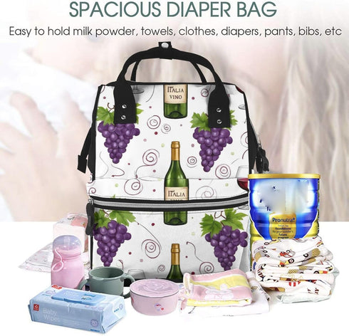 Qewfoju Backpack Backpack Wine Bottles And Grapes Print Diaper Bag Large Capacity Diaper Baby Changing Bags