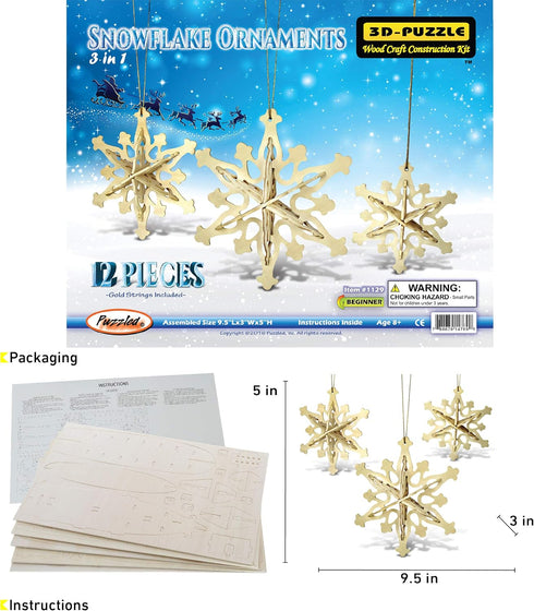 Puzzled 3D Puzzle Snowflake Ornaments - Wood Craft Construction Model Kit, Fun & Educational DIY Wooden Toy